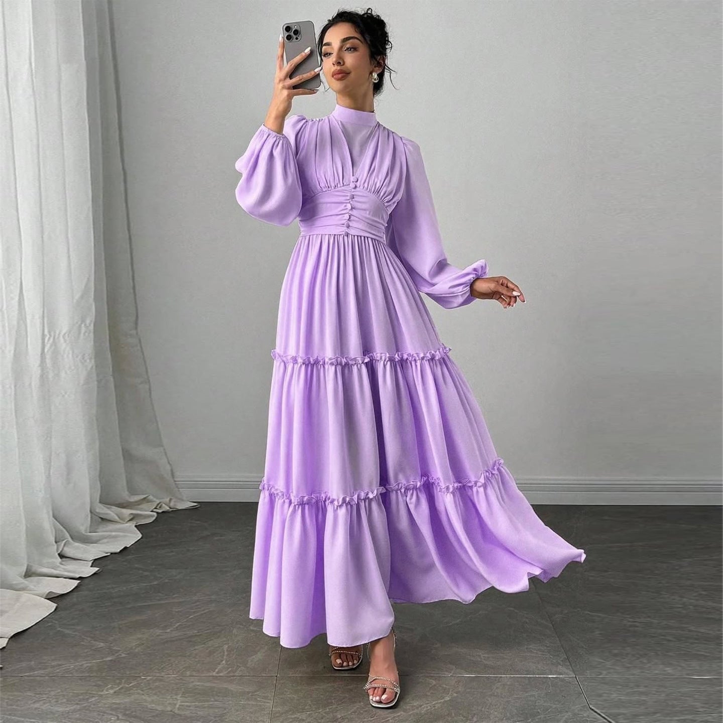 Puff Sleeve Ruffle Hem Wedding Guest Maxi Dress for Women