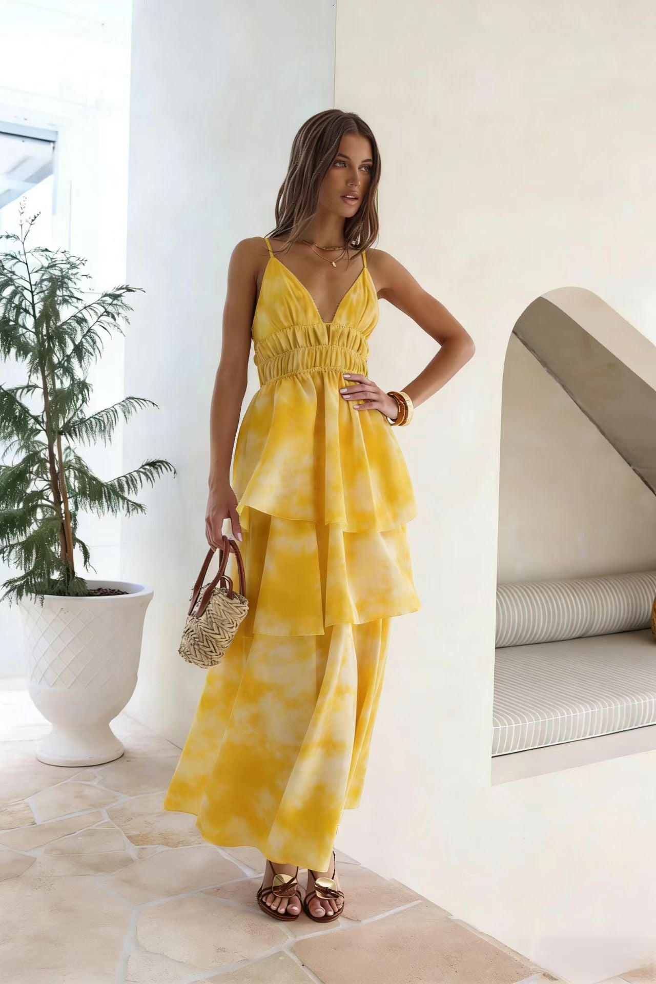 V-Neck Wedding Guest Maxi Dress with Tiered Ruffle for Women
