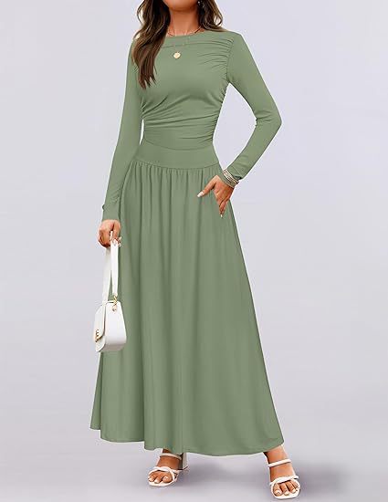 Long Sleeve Wedding Guest Maxi Dress with Pockets for Women