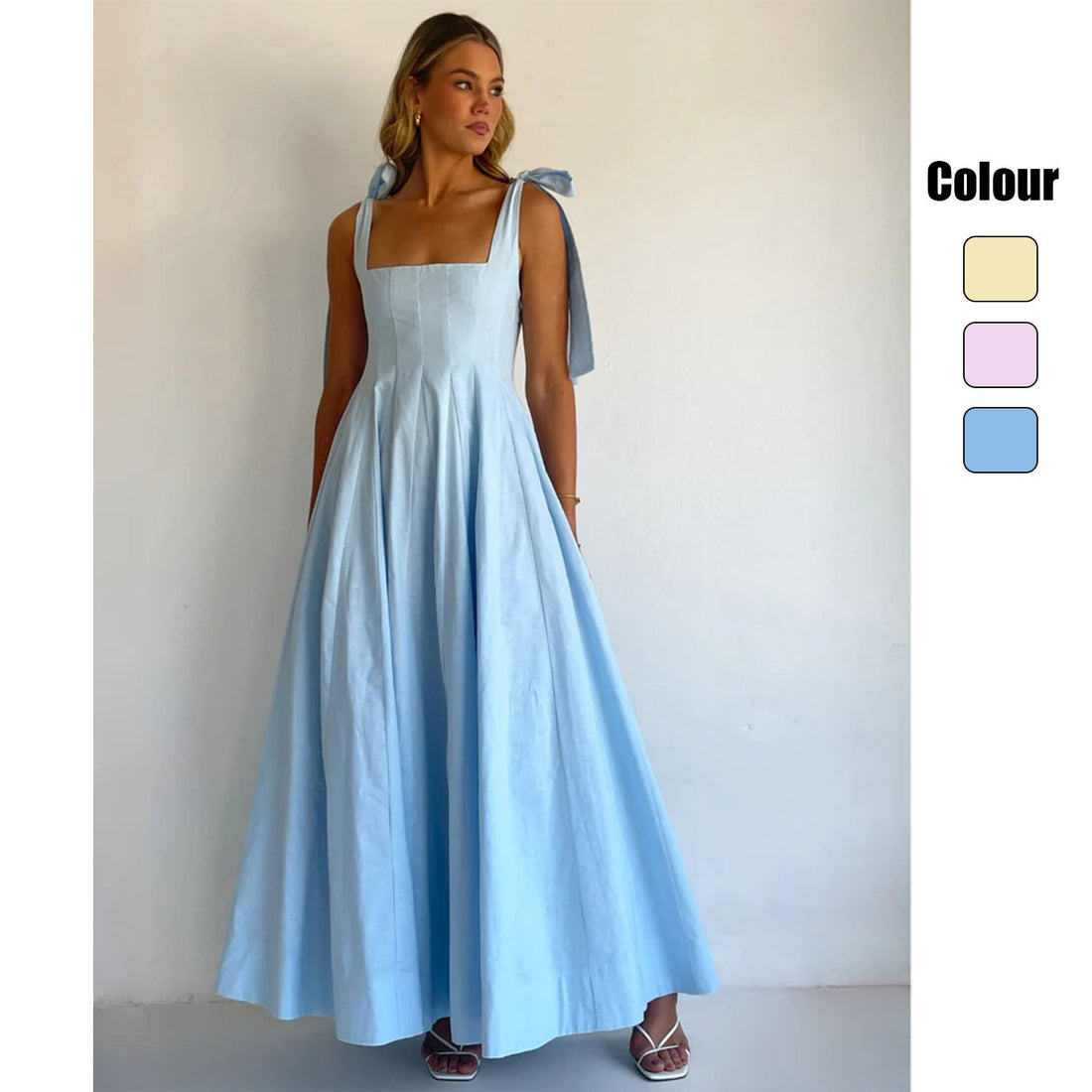 Square Neck Tie-Shoulder Maxi Dress Wedding Guest for Women