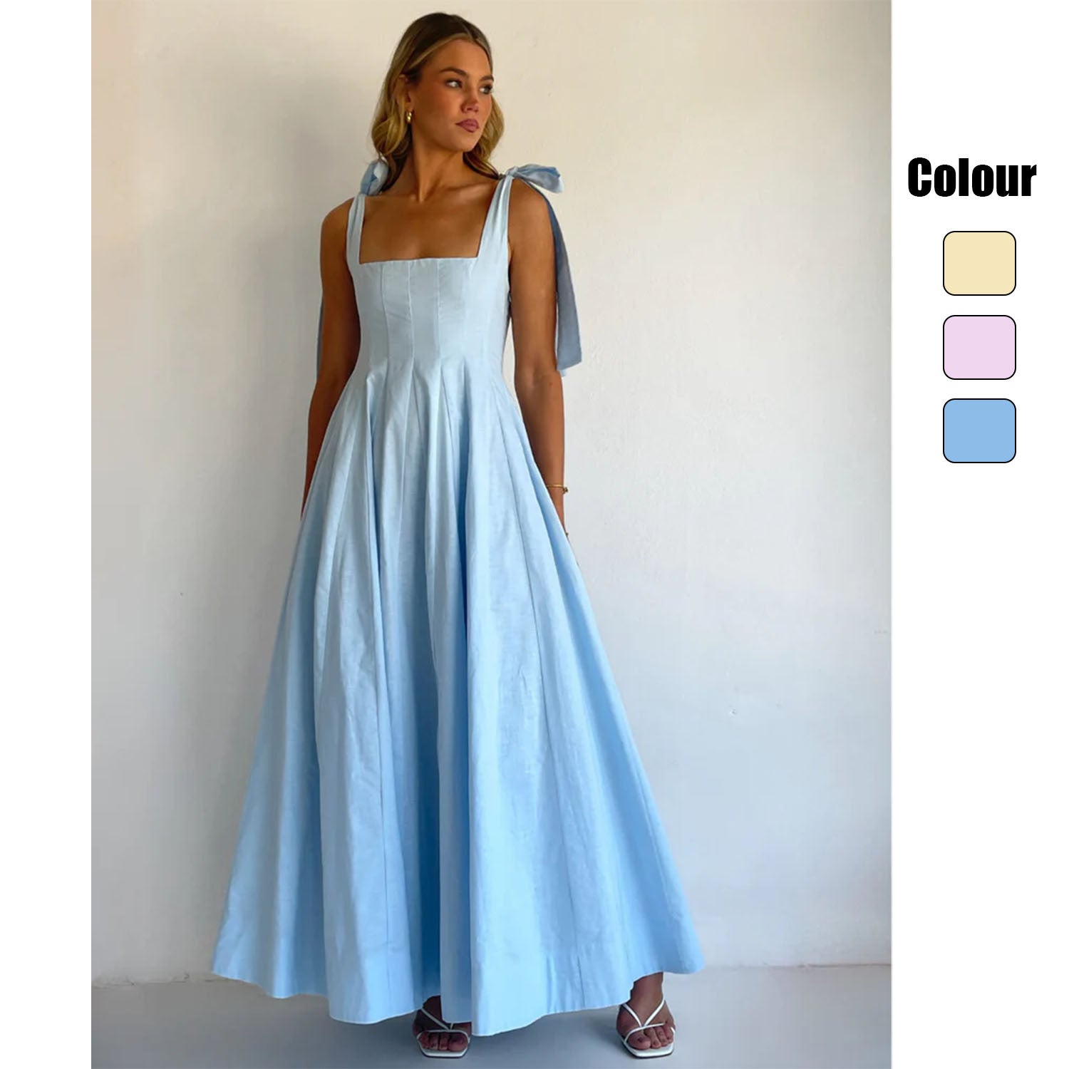 Square Neck Tie-Shoulder Maxi Dress Wedding Guest for Women