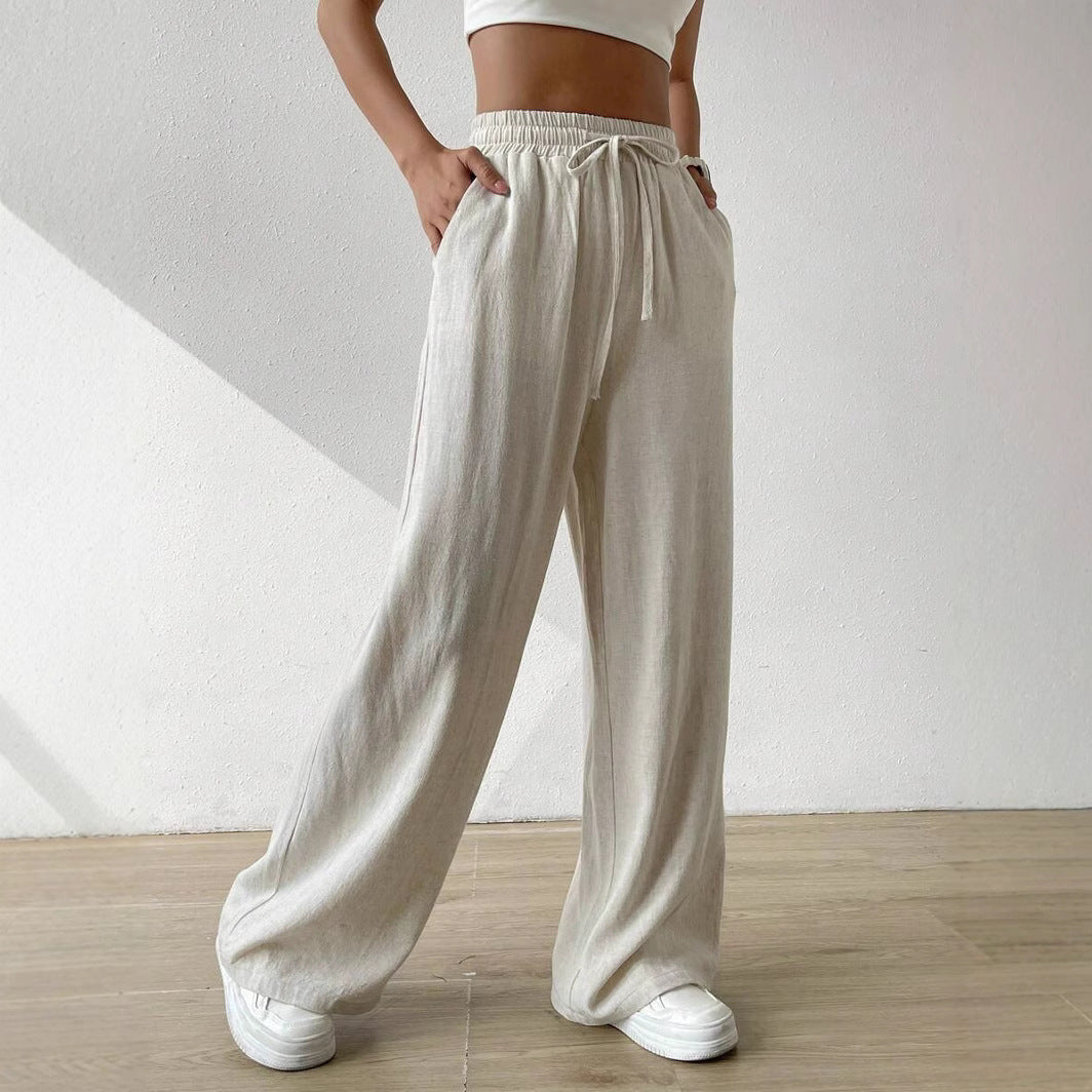 Relaxed Fit Linen Trousers with Drawstring Waist for Women