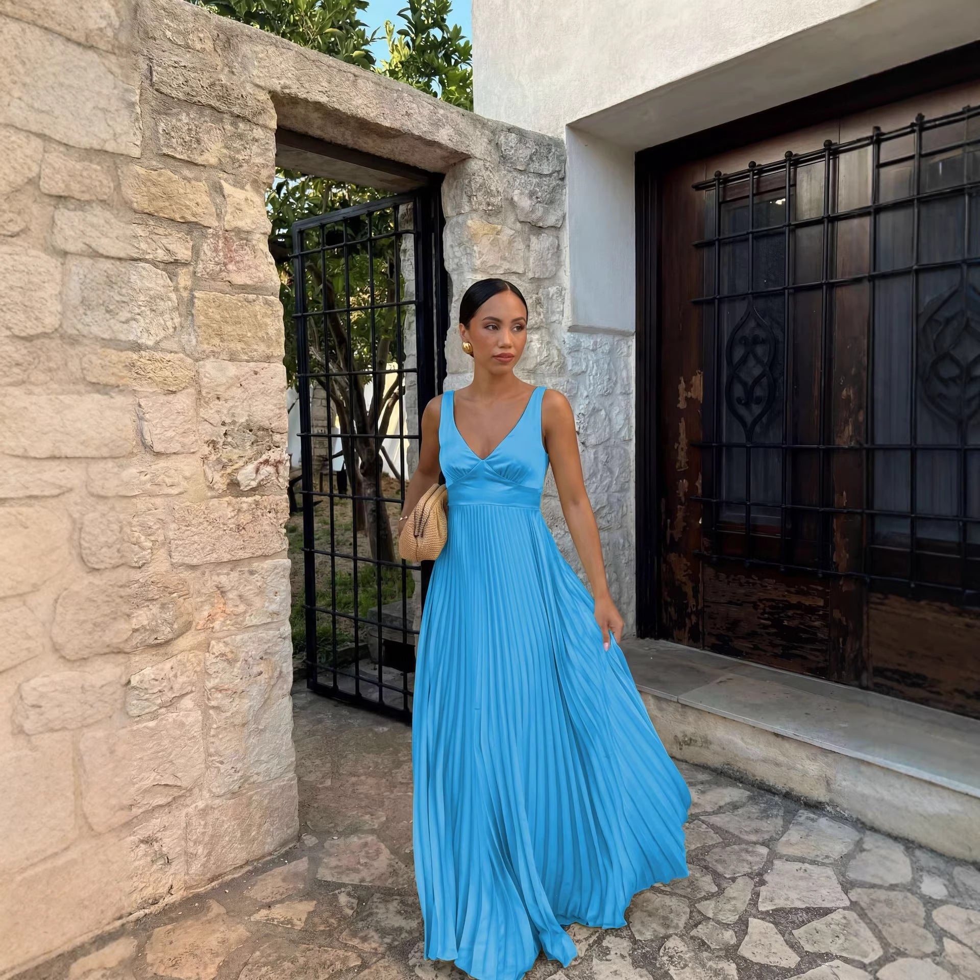 Pleated V-Neck Wedding Guest Maxi Dress for Women