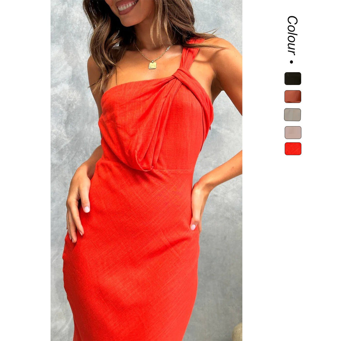 One-Shoulder Draped Wedding Guest Midi Dress for Women