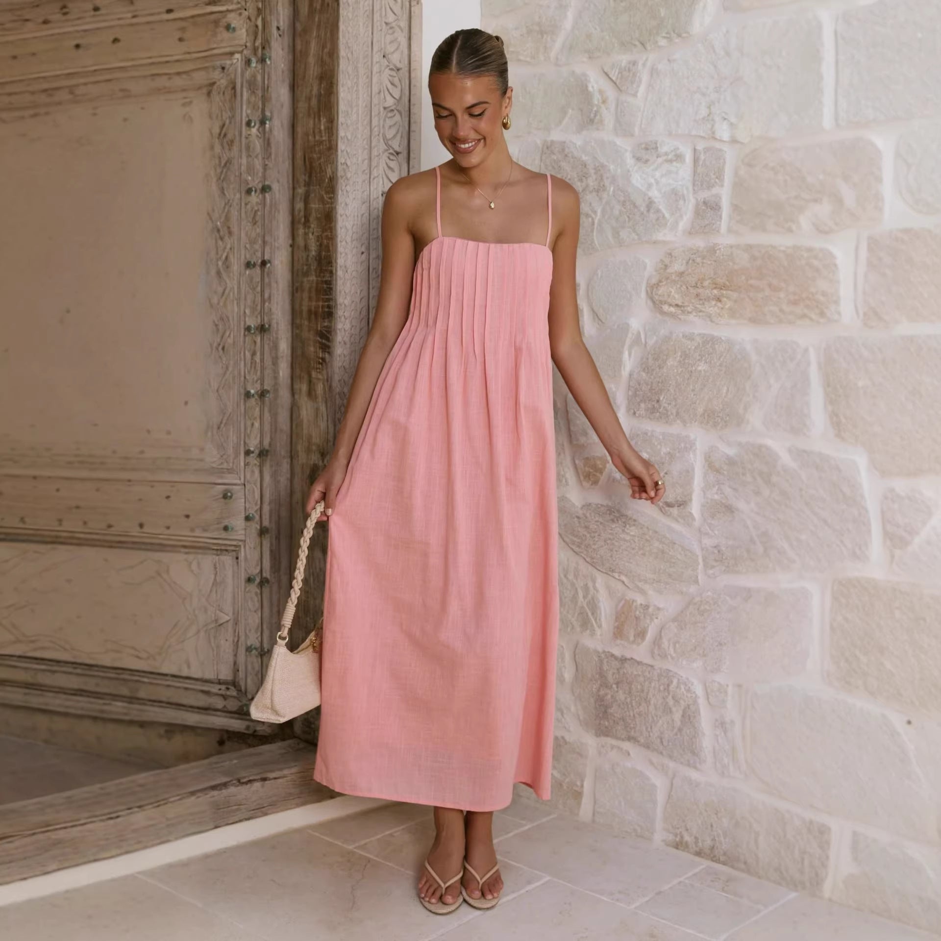 Gathered Bodice Spaghetti Strap Wedding Guest Maxi Dress for Women