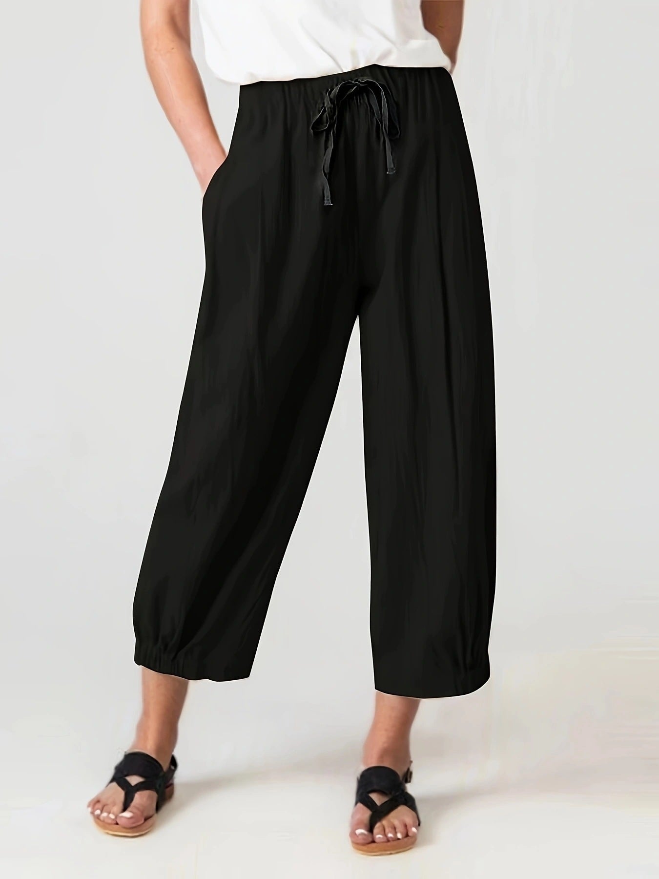 Cropped Linen Trousers with Elastic Waistband for Women