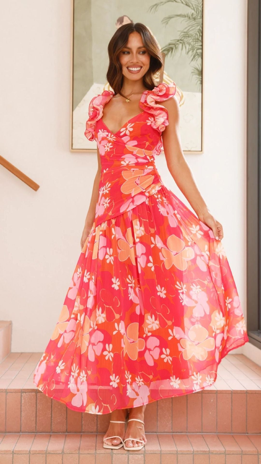 Ruffle V-Neck Wedding Guest Maxi Dress for Women