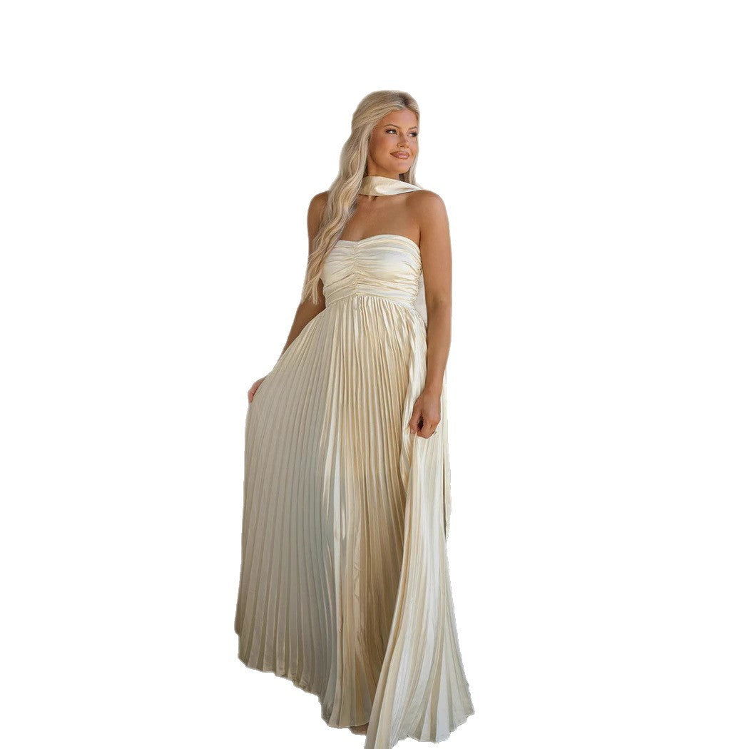 Halterneck Pleated Wedding Guest Maxi Dress for Women