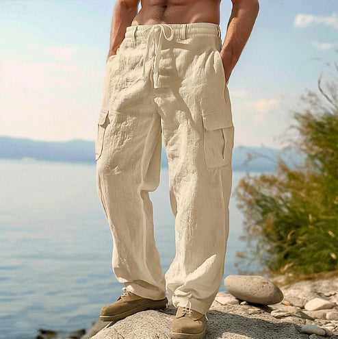 Straight Leg Cargo Trousers with Side Pockets for Men - Khaki