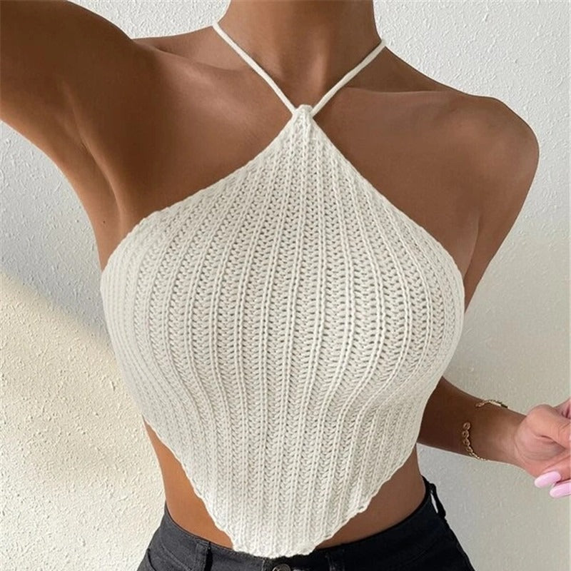 Halter Neck Ribbed Crochet Crop Top for Women
