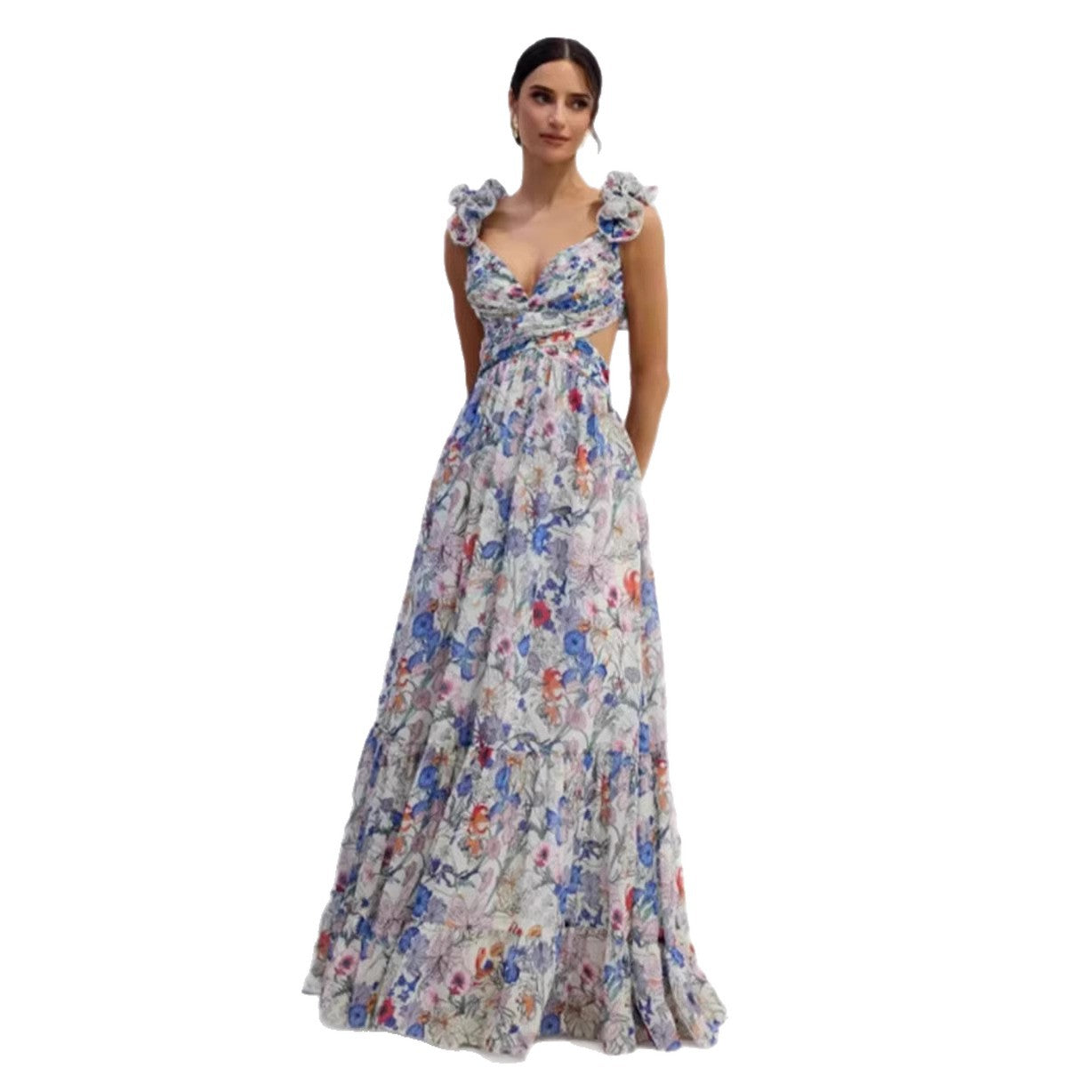 V-Neck Ruffle Wedding Guest Maxi Dress for Women
