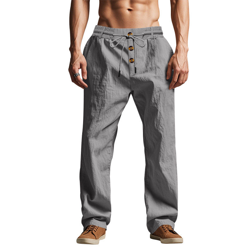 Straight Leg Linen Trousers with Button Details for Men
