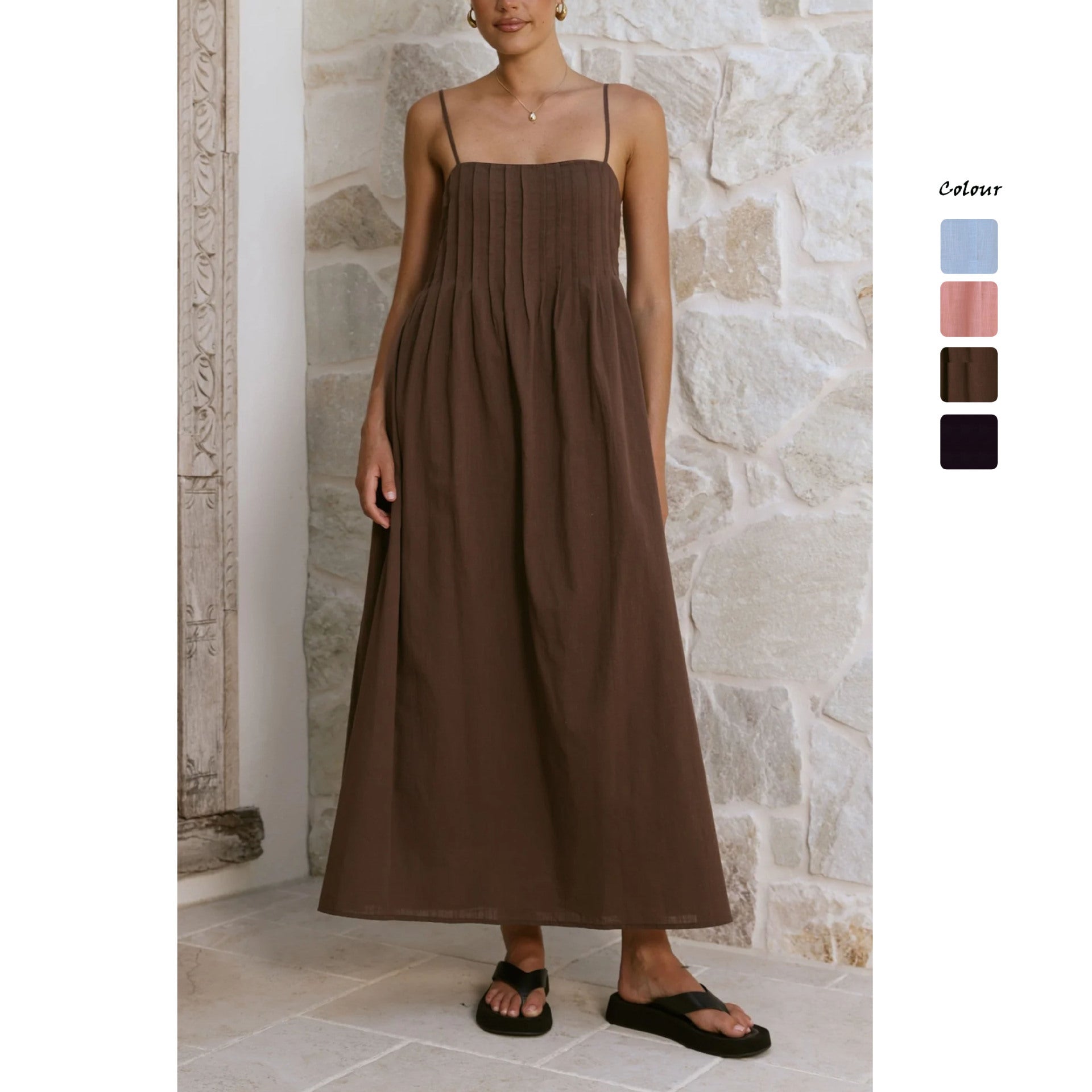 Gathered Bodice Spaghetti Strap Wedding Guest Maxi Dress for Women