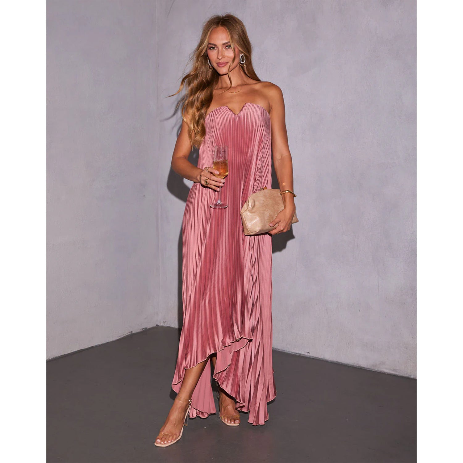 Strapless Pleated Wedding Guest Maxi Dress for Women
