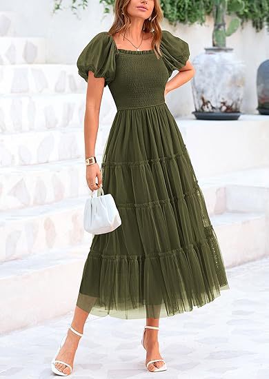 Puff Sleeve Wedding Guest Tiered Maxi Dress for Women