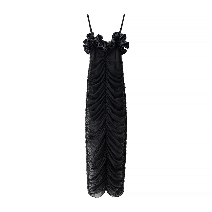Ruched Maxi Dress with Ruffled Neckline for Women