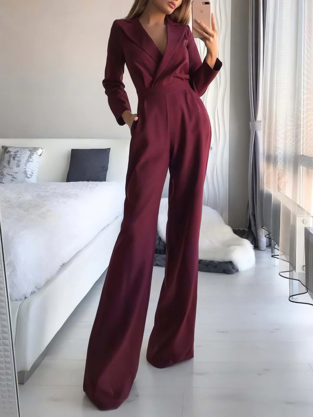 Wide Leg V-Neck Jumpsuit for Women