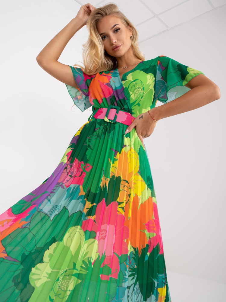 Pleated Floral Maxi Dress with Belt for Women
