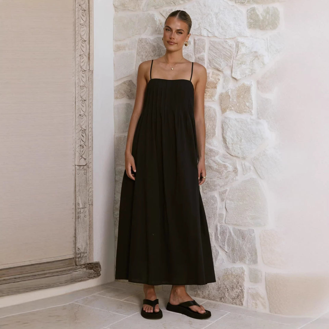 Gathered Bodice Spaghetti Strap Wedding Guest Maxi Dress for Women