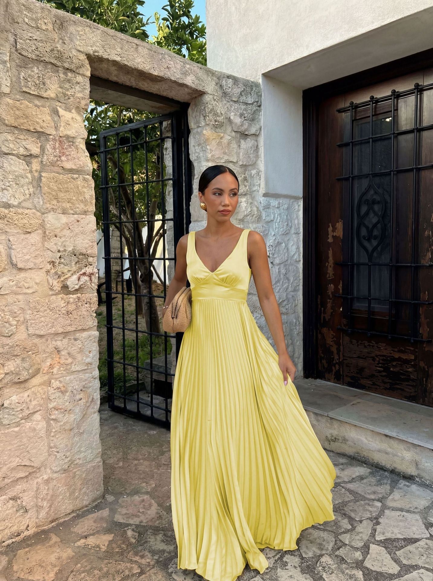 Pleated V-Neck Wedding Guest Maxi Dress for Women
