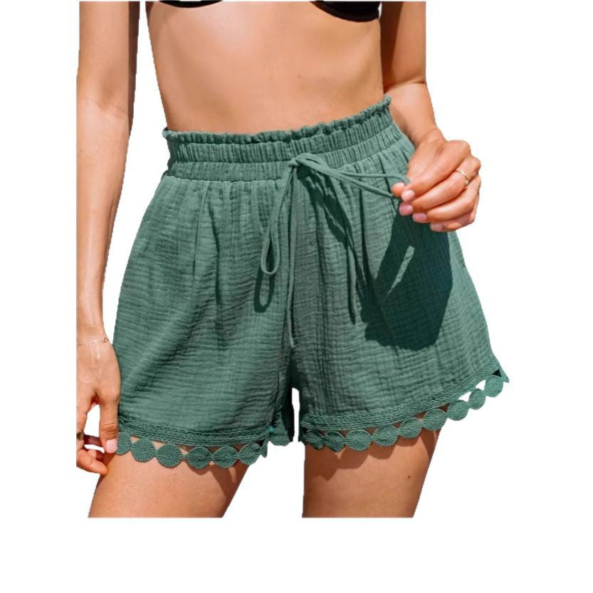 Relaxed Fit Linen Shorts with Scalloped Hem for Women