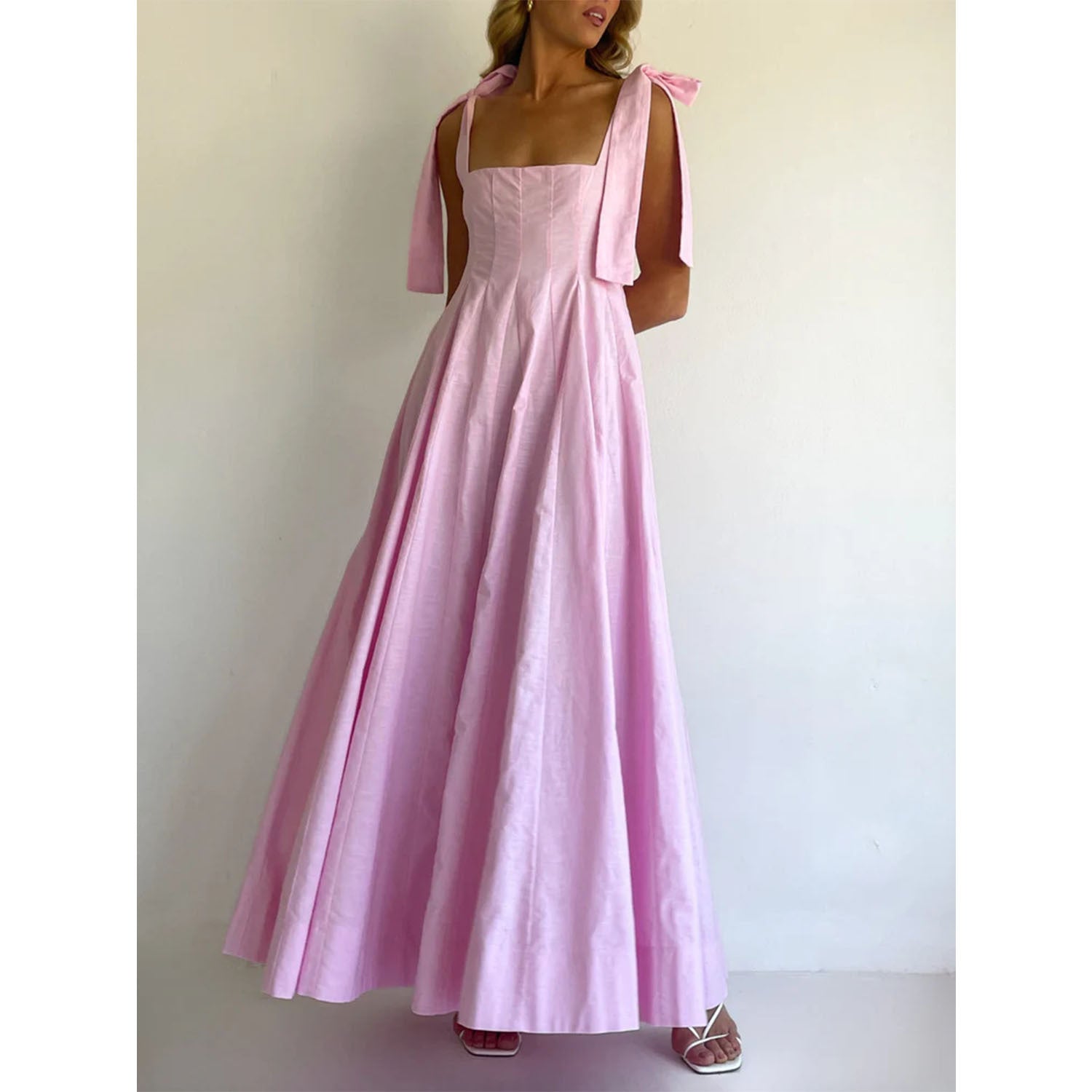 Square Neck Tie-Shoulder Maxi Dress Wedding Guest for Women