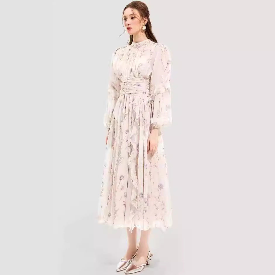 Long Sleeve Floral Midi Dress with Ruffled Hem for Women