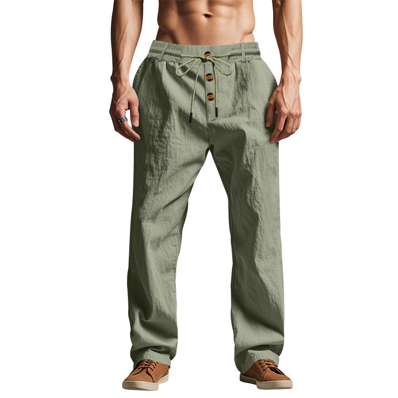 Straight Leg Linen Trousers with Button Details for Men