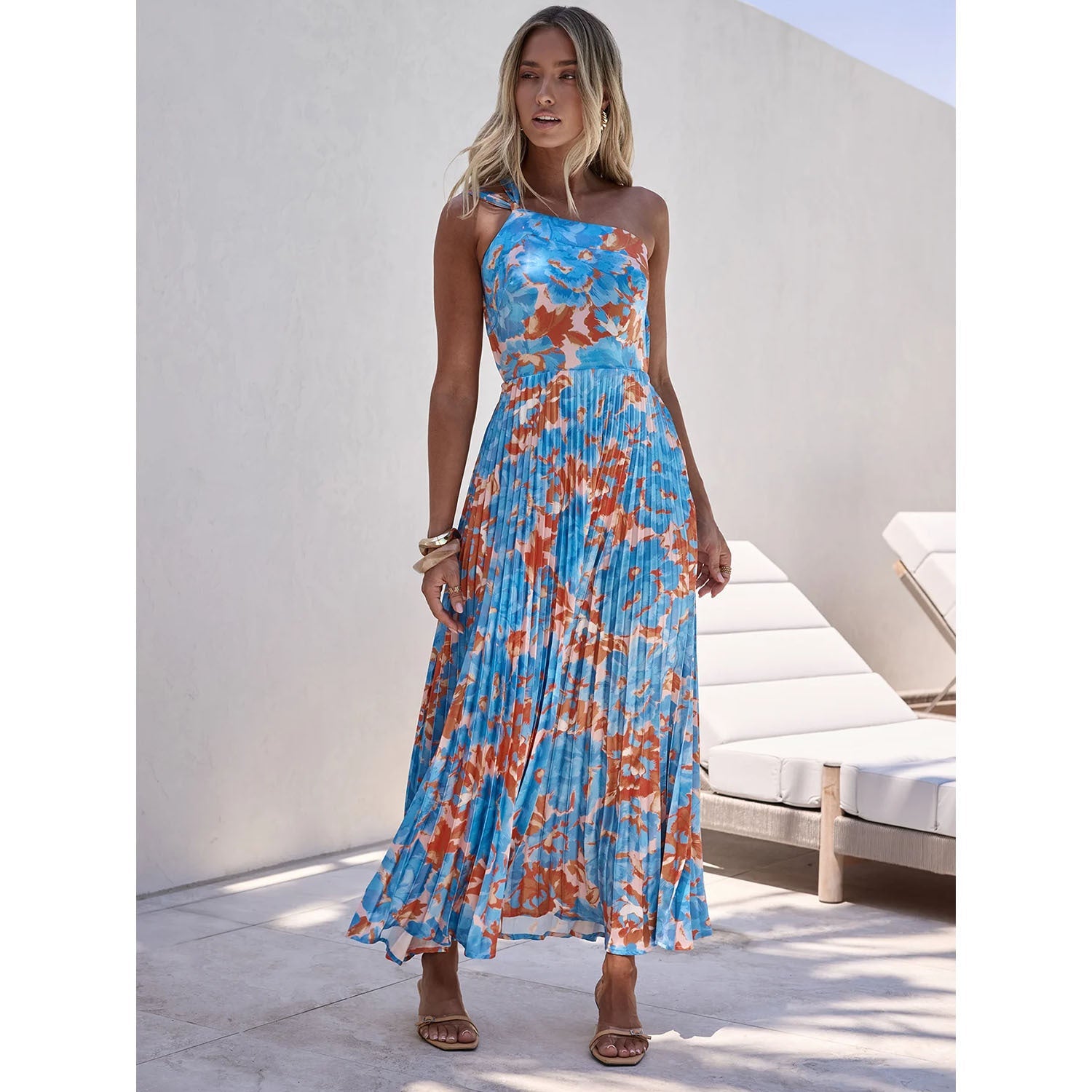 Halter Pleated Floral Wedding Guest Maxi Dress for Women