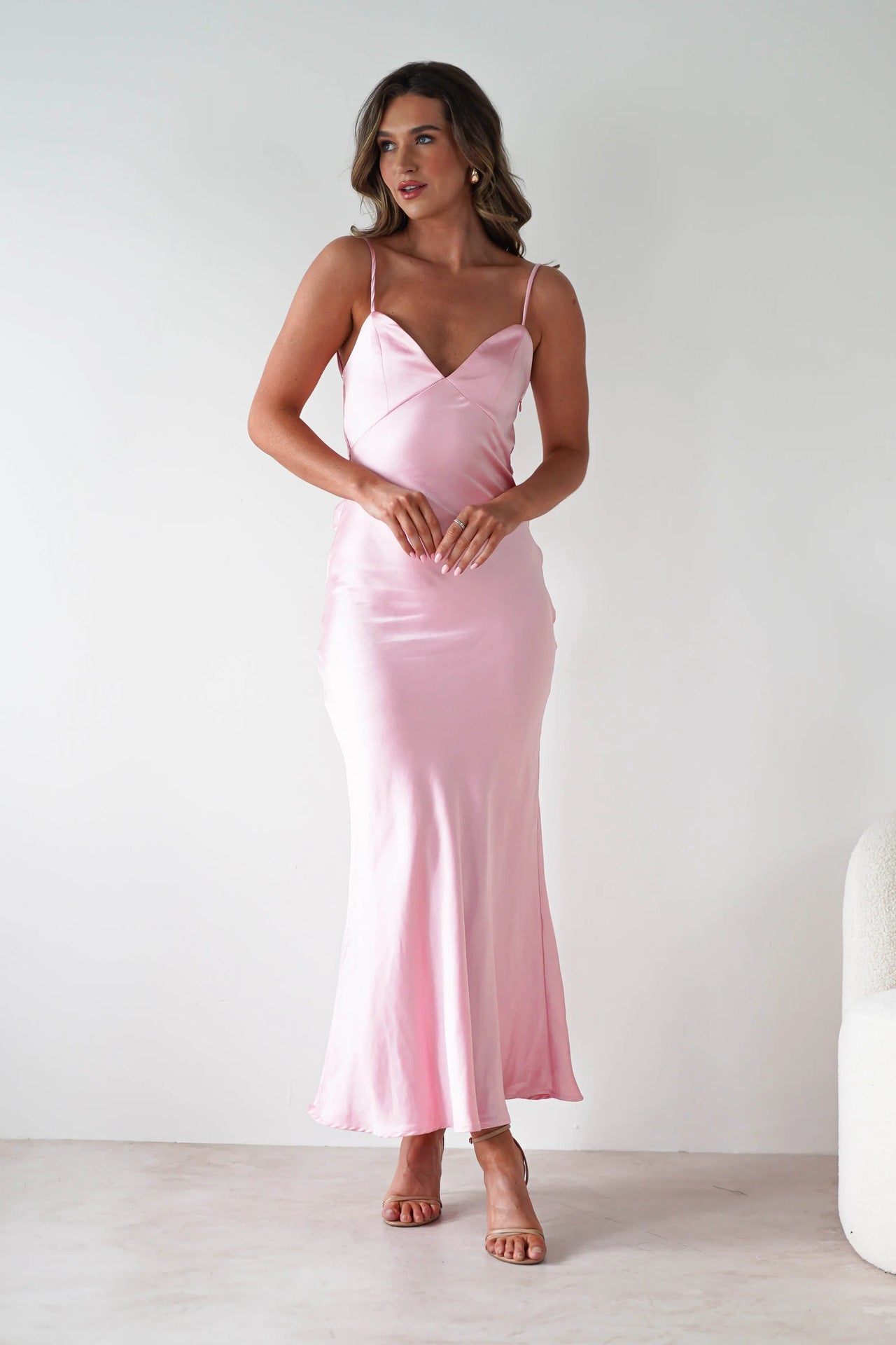 Satin V-Neck Spaghetti Strap Wedding Guest Maxi Dress for Women