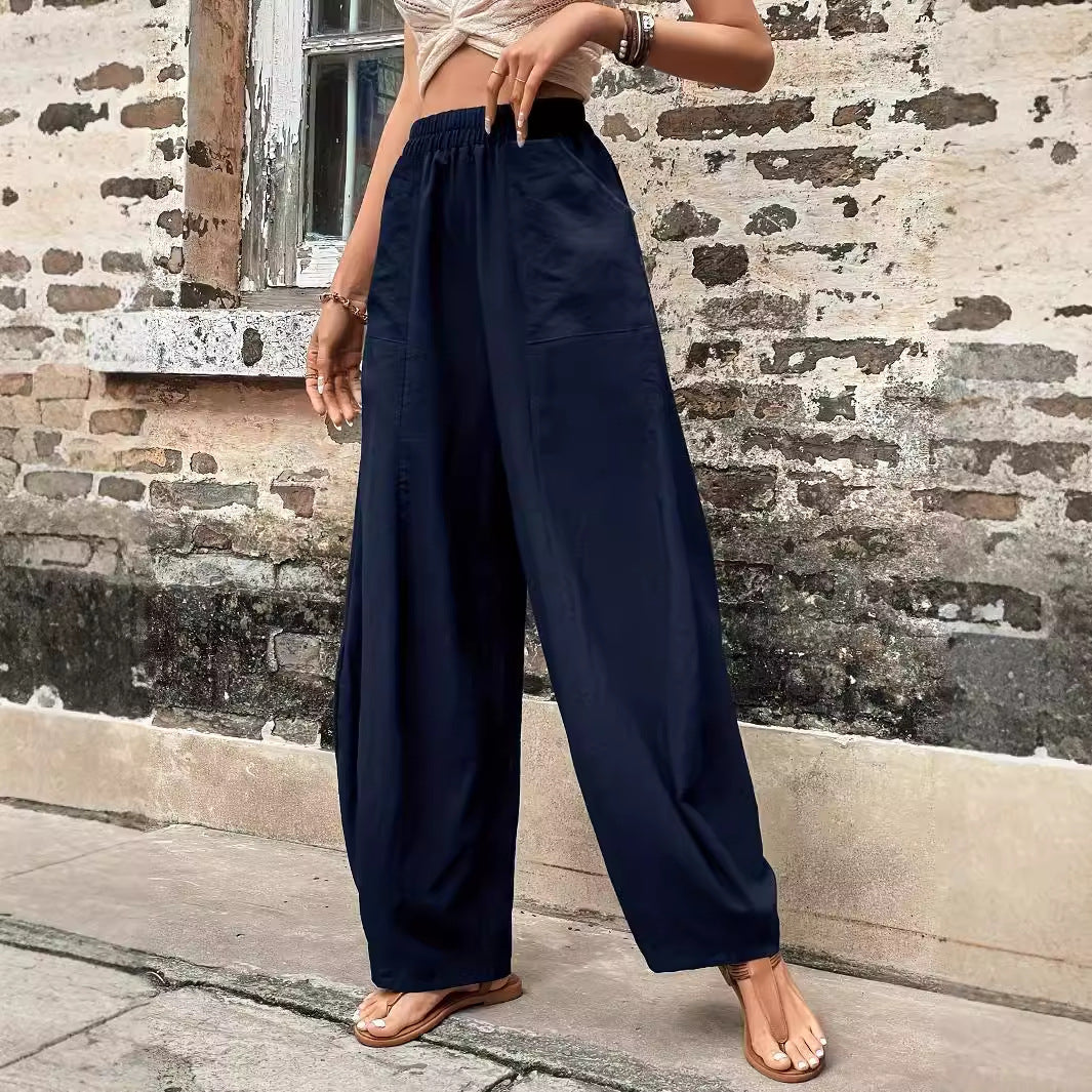 Wide Leg Linen Trousers with Side Pockets for Women