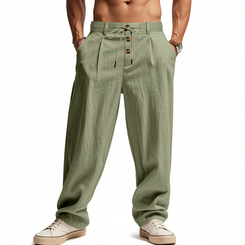 Straight Leg Linen Trousers with Button Waistband for Men