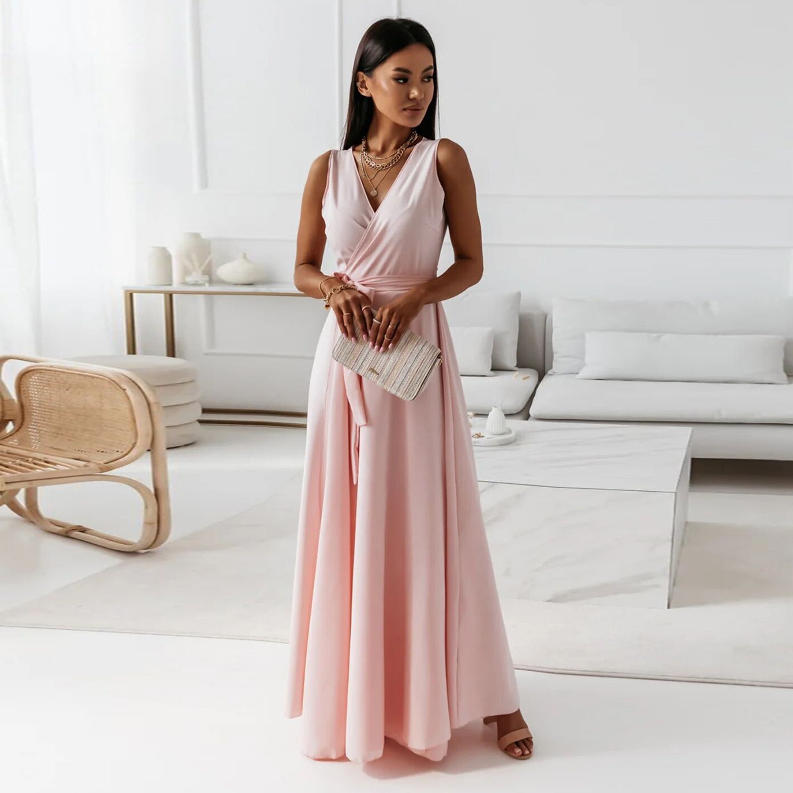 Wedding Guest V-Neck Wrap Maxi Dress for Women