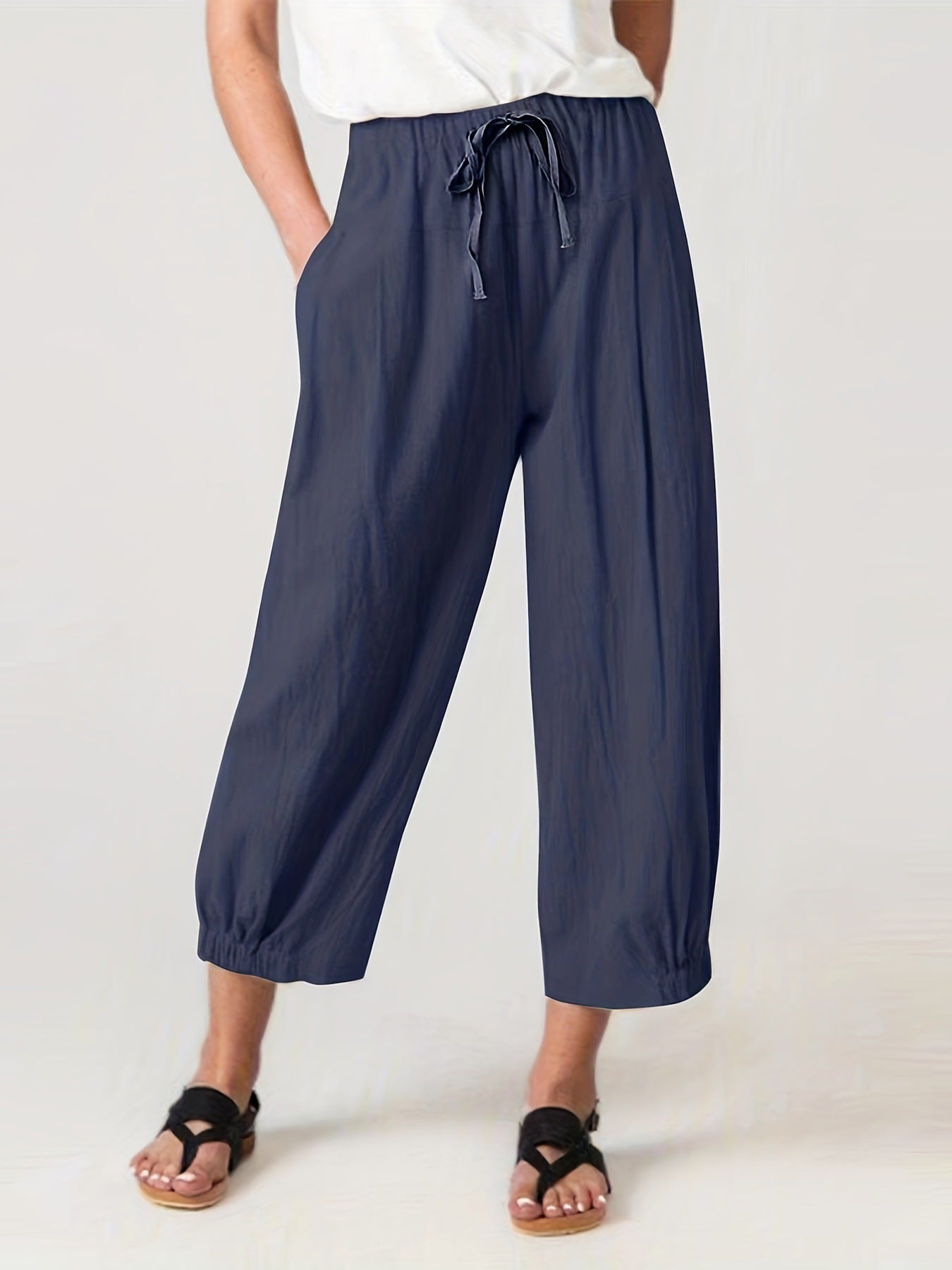 Cropped Linen Trousers with Elastic Waistband for Women
