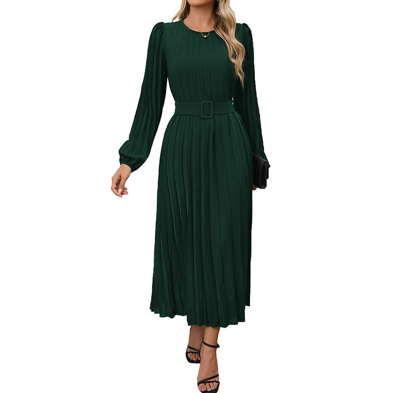 Pleated Midi Dress with Belted Waist and Long Sleeves for Women