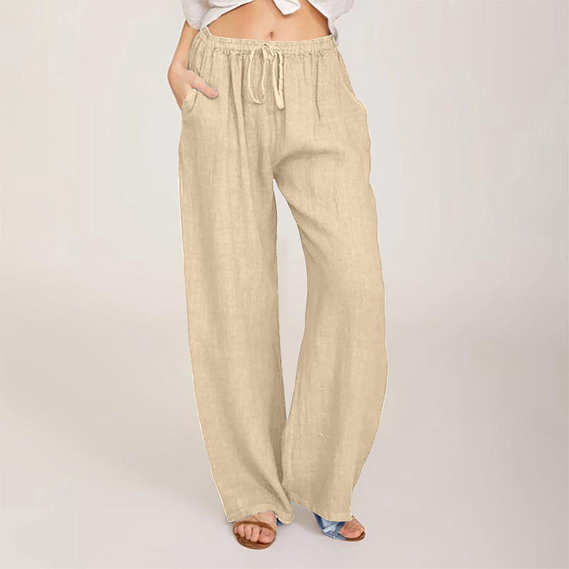 Straight Leg Linen Trousers with Drawstring Waist for Women