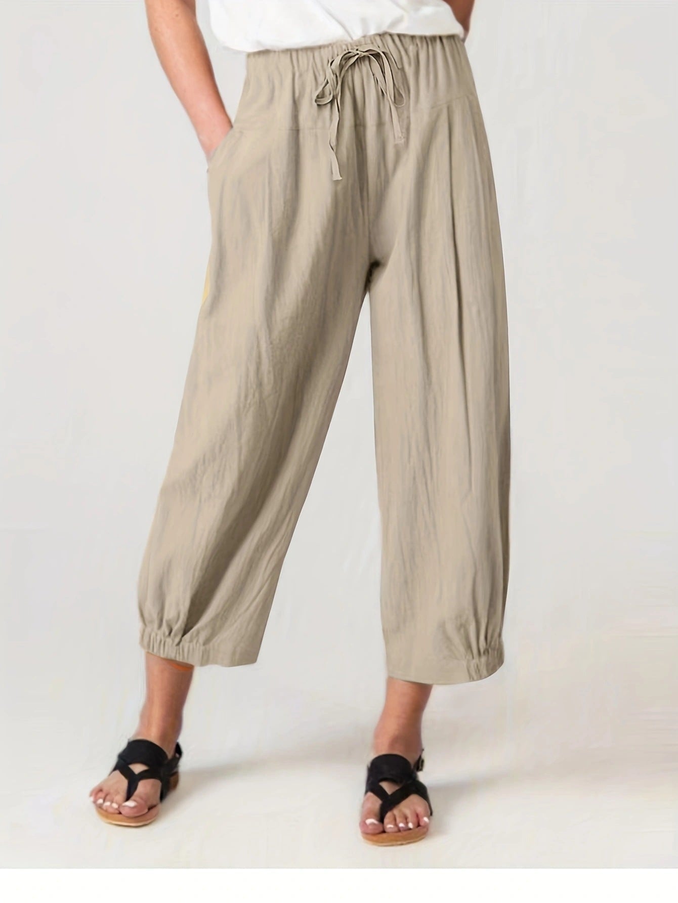 Cropped Linen Trousers with Elastic Waistband for Women