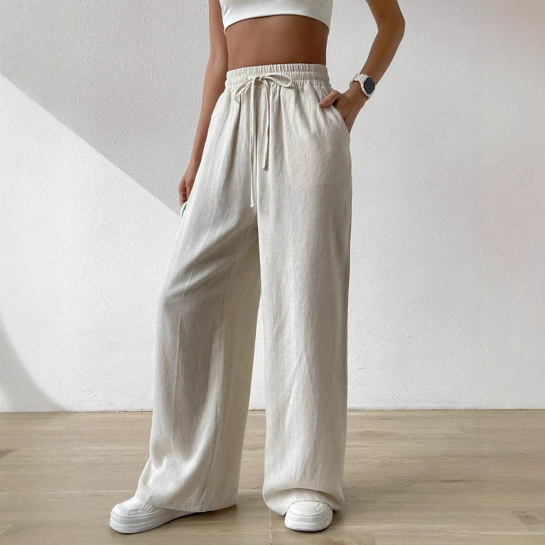 Relaxed Fit Linen Trousers with Drawstring Waist for Women