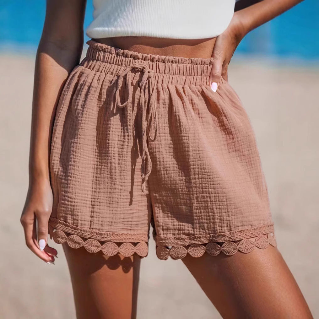 Relaxed Fit Linen Shorts with Scalloped Hem for Women