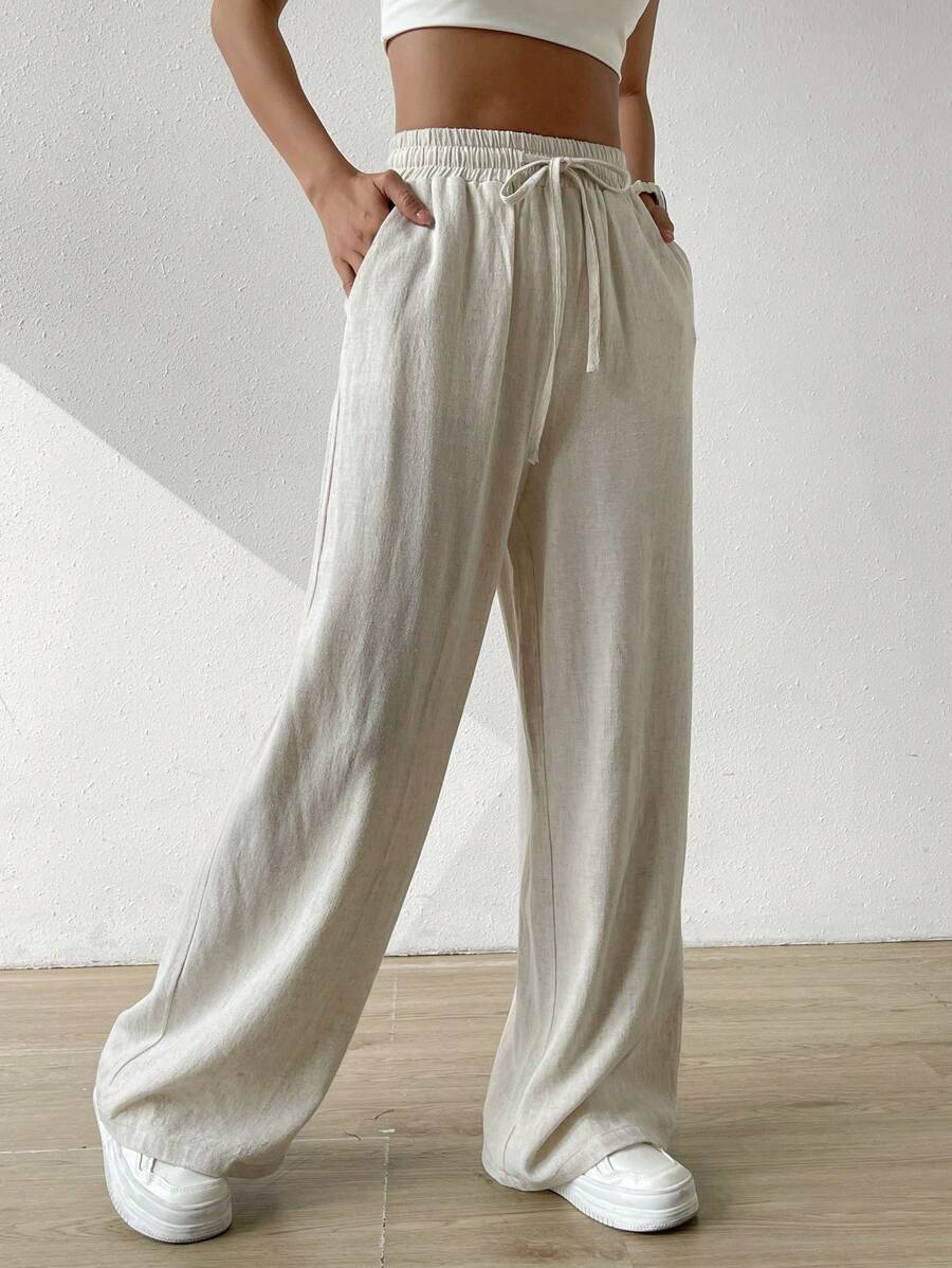 Relaxed Fit Linen Trousers with Drawstring Waist for Women