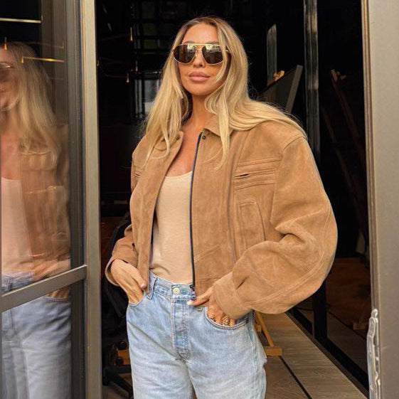 Cropped Suede Bomber Jacket for Women