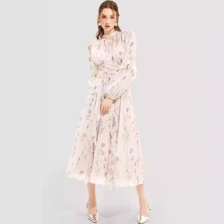Long Sleeve Floral Midi Dress with Ruffled Hem for Women