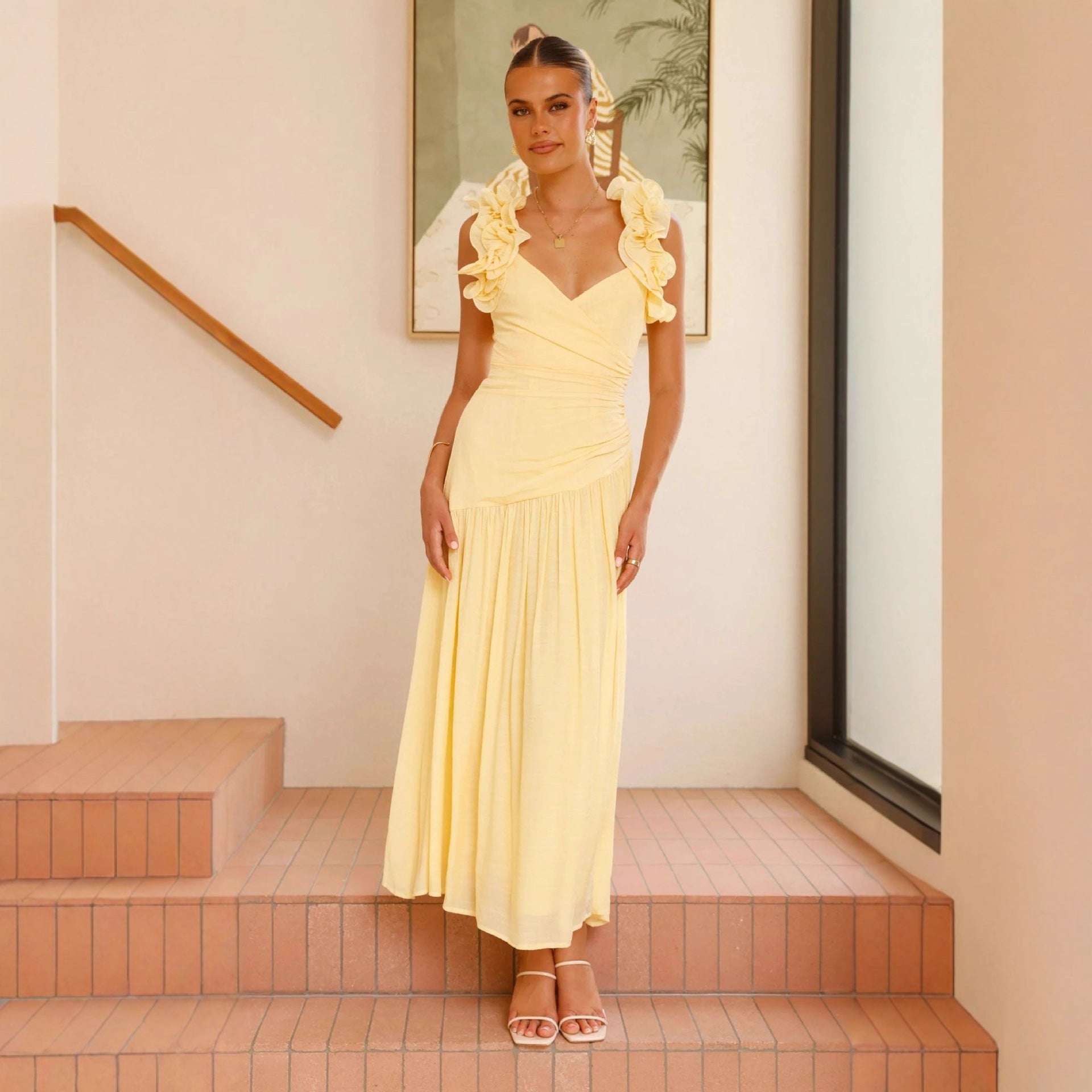Ruffle V-Neck Wedding Guest Maxi Dress for Women