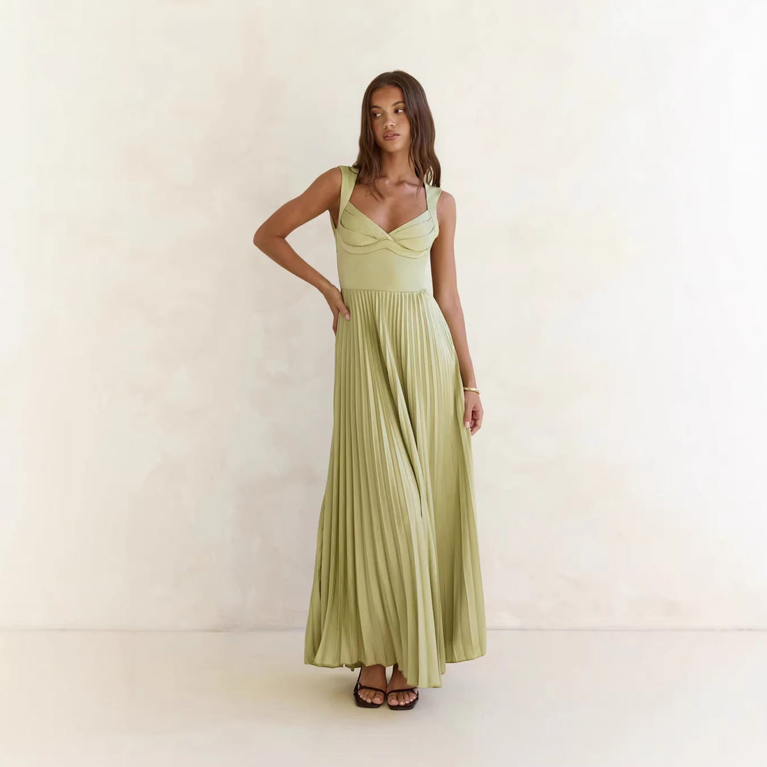 Pleated V-Neck Wedding Guest Maxi Dress for Women