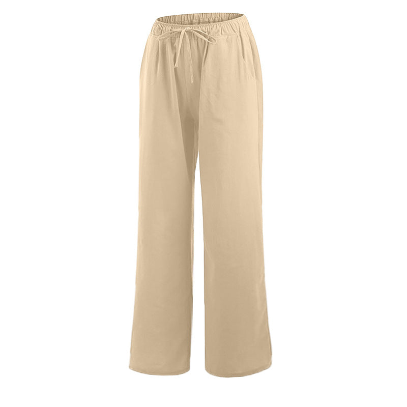 Straight Leg Linen Trousers with Drawstring Waist for Women