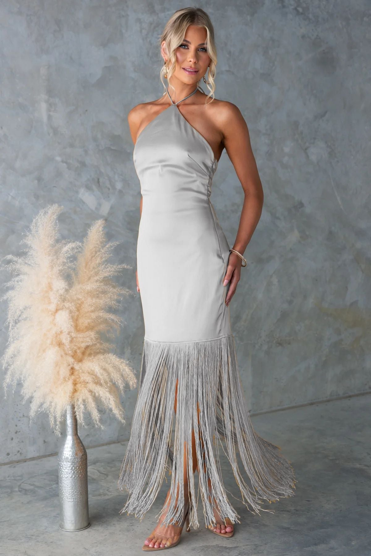 Halterneck Wedding Guest Maxi Dress with Fringe Hem for Women