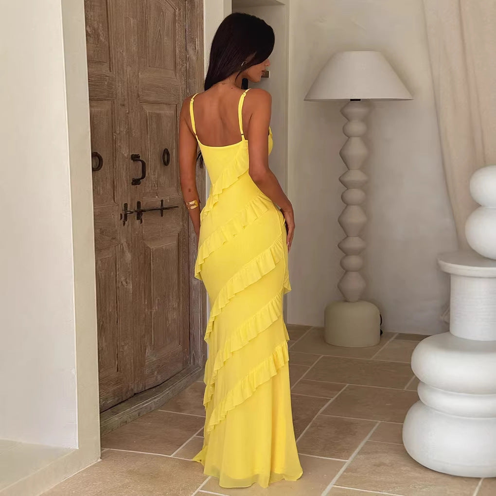 V-Neck Wedding Guest Maxi Dress with Ruffle Detail for Women