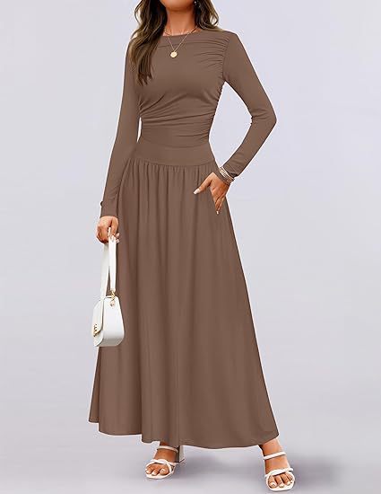 Long Sleeve Wedding Guest Maxi Dress with Pockets for Women