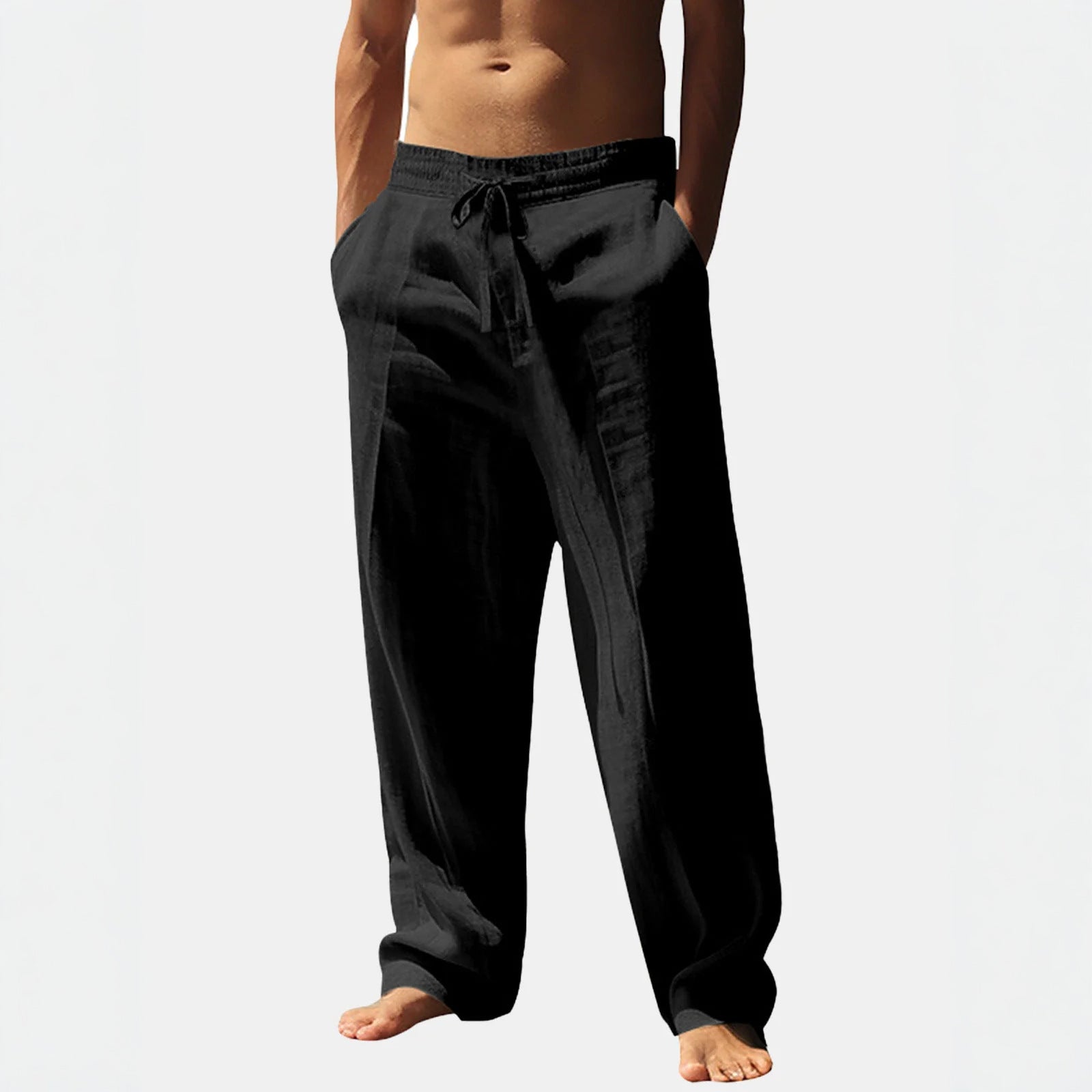 Linen Trousers with Elastic Waistband and Side Pockets for Men