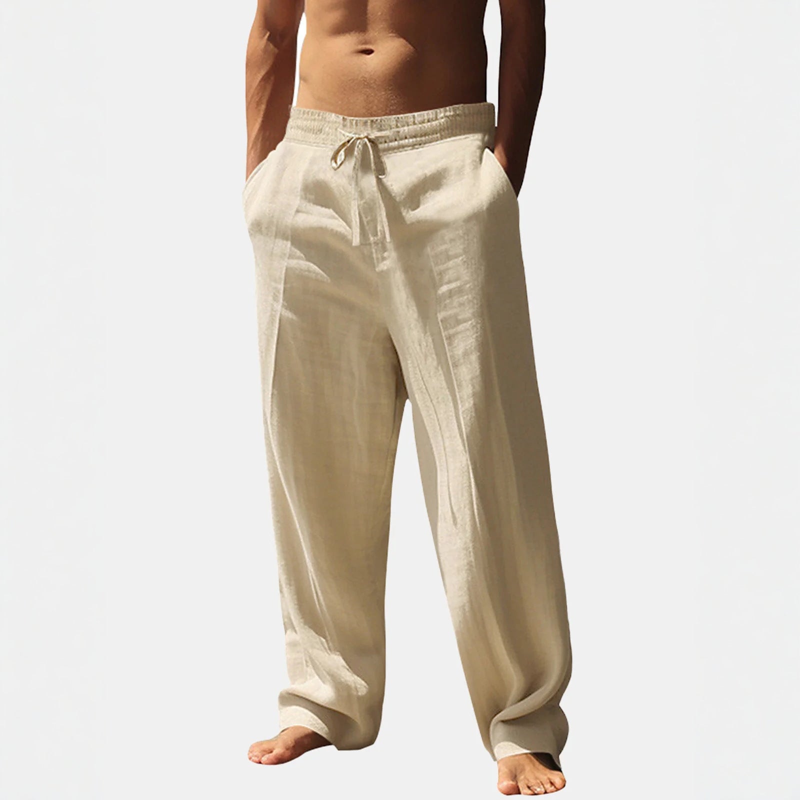 Linen Trousers with Elastic Waistband and Side Pockets for Men